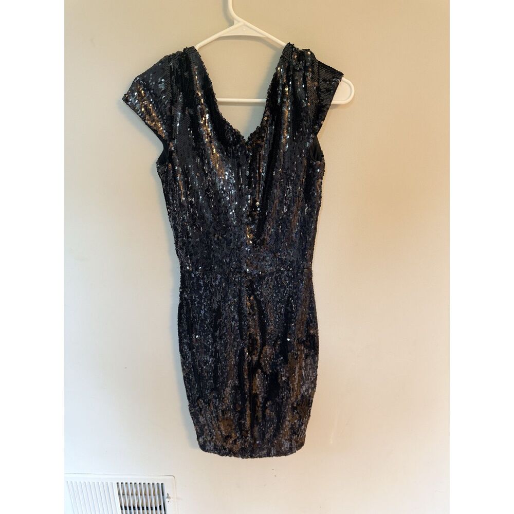Dress the Population Zoe Black Sequin Plunge Mini Dress Size Medium - Picture 5 of 6